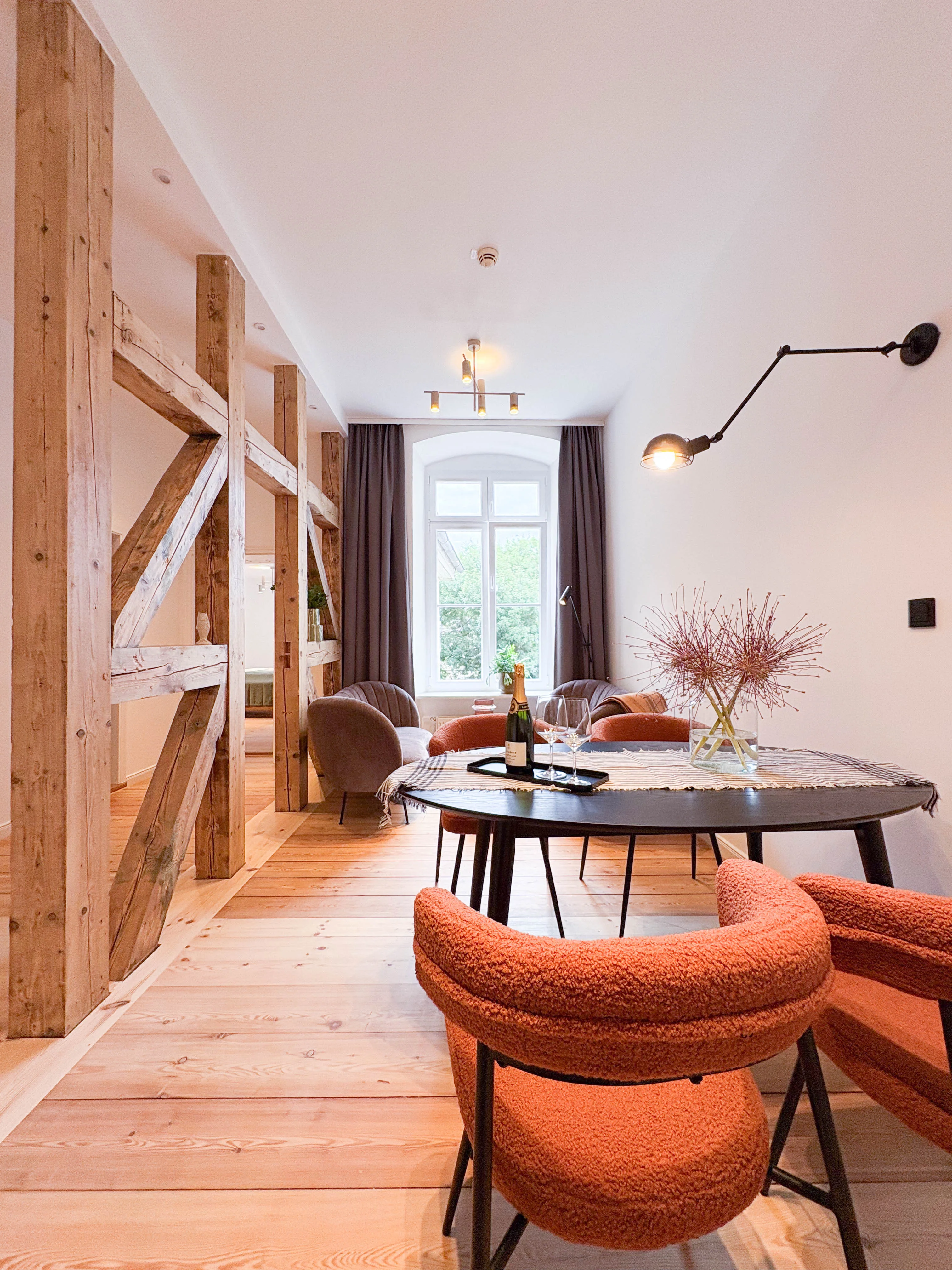 At the Old Market – living area with exposed timber beams
